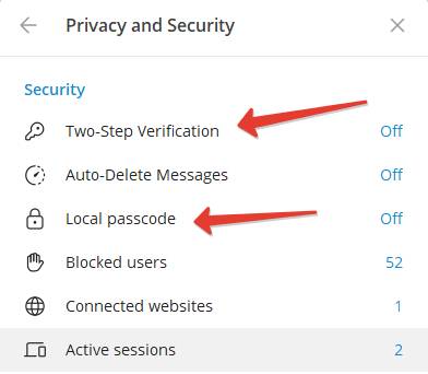 telegram two-step verification and local password