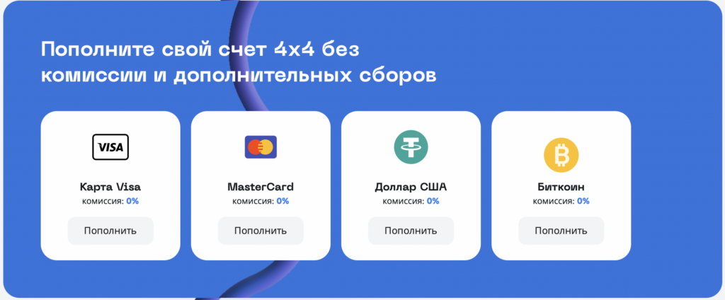 пополняйте виртуальные карты 4x4.io без комиссии с помощь visa/mastercard, usdt и btc