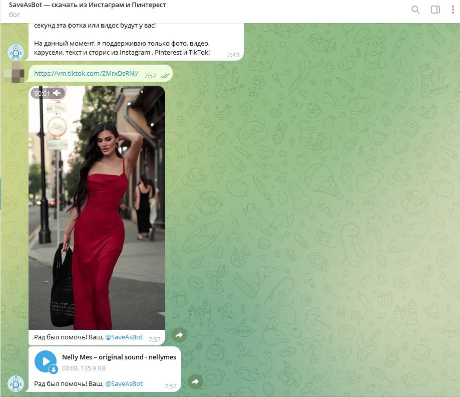 @SaveasBot скачать видео изInstagram*, TikTok и Pinterest telegram бот